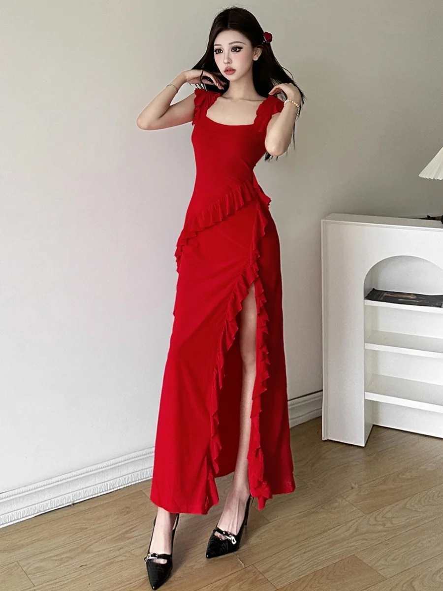 

Sexy Red Strapless Dress Women's Lace Hem Split Beach Vacation Atmosphere Dress Long Skirt Korean Style A-Line Summer Casual