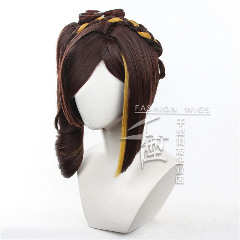 Peluca de Cosplay Chiori, pelucas de cola de caballo de 40cm de largo, pelucas de colores mezclados marrón amarillo, pelo sintético resistente al calor, pelucas para fiesta de Halloween + W