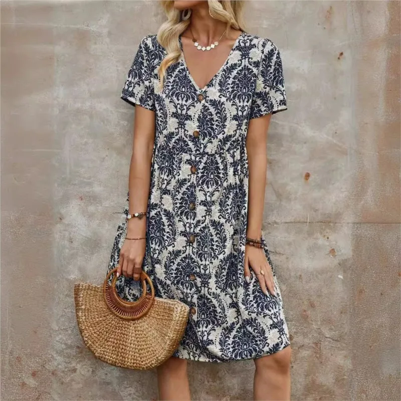 

Leisure Women's Retro Button Mid-Length Dress 2024 Women's Summer New Fashion Print V-neck Short Sleeve Loose A-Line Dress Femme