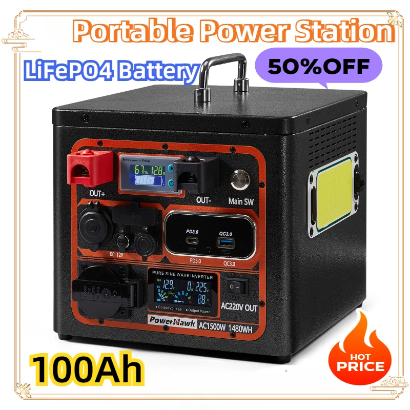 

LiFePO4 Battery 1200W Outdoor Camping Charger Emergency AC220V DC12V Output Portable Power Station 1280Wh/1480Wh Generator