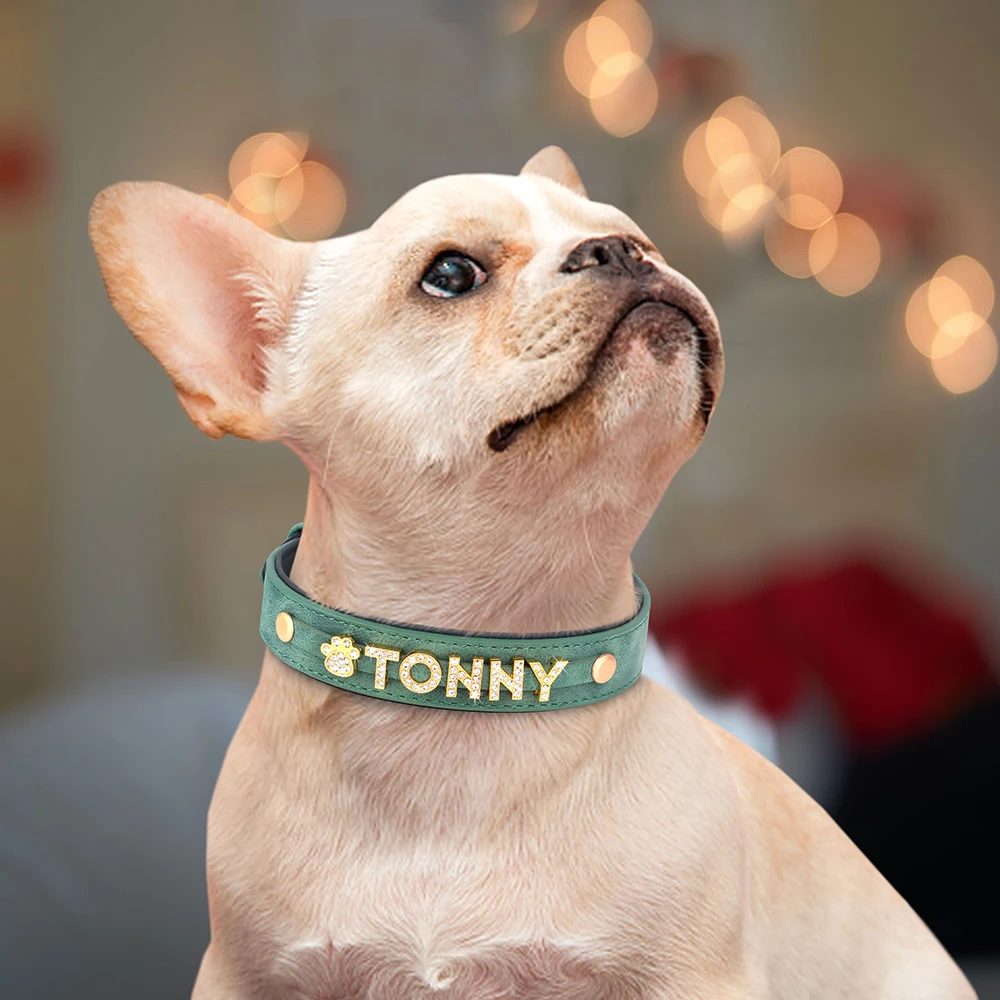 Personal isierte weiche Hunde halsband Pu Leder Welpen Katze ID Halsbänder kostenlos Strass Charme Hund Zubehör für kleine mittlere Hunde Chihuahua – Detail 17