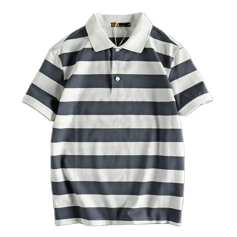 Summer Striped Polo T-Shirt Men'S New Retro Trend Washed Elastic Cotton Comfortable Lapel Striped Sea Soul Half-Sleeved Shirt