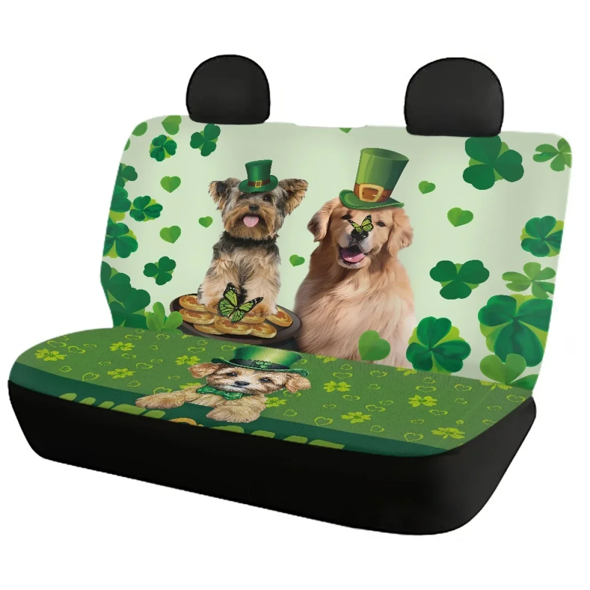 High Elastic Front Back Seat Cover Lovely St. Patrick's Day Yorkie and Golden Retriever Design Auto Interior Seat Protector Gift