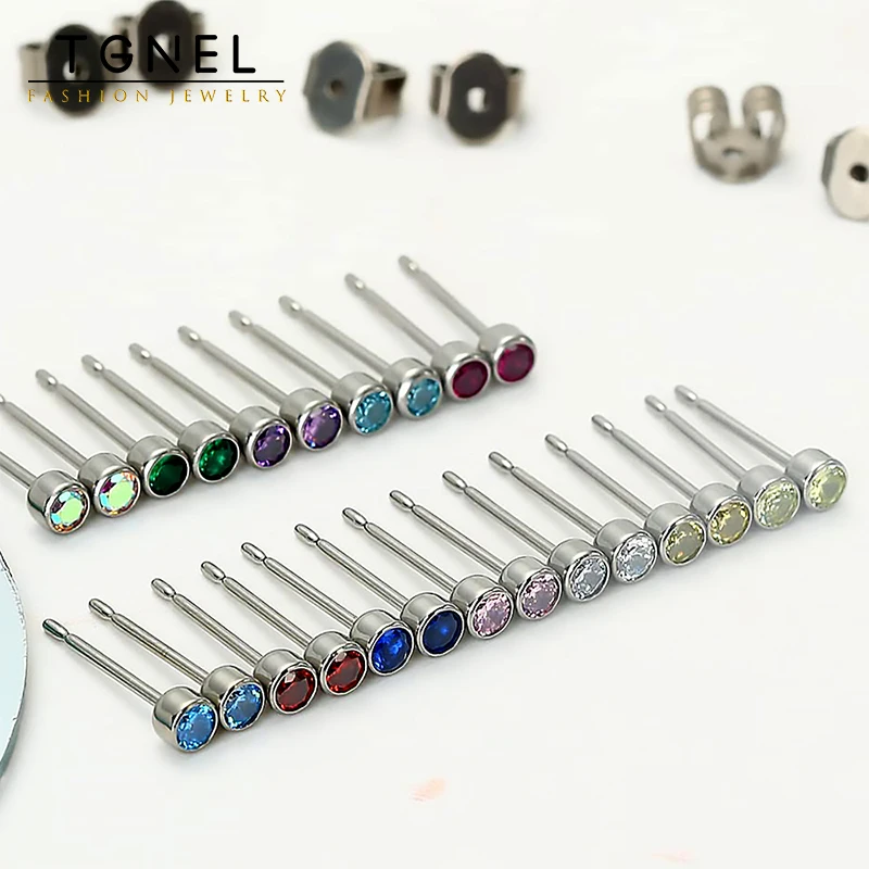 Nickel-free ure Titanium Stud Earrings 3mm Twelve Birthstones Cubic Zirconia Stone For Women Grils Sleep Jewellery Accessories