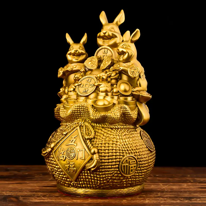 Wealth Attract Lucky Brass Rabbit Ornament Mascot Money Bag Rabbit Five Blessings Door Decoration