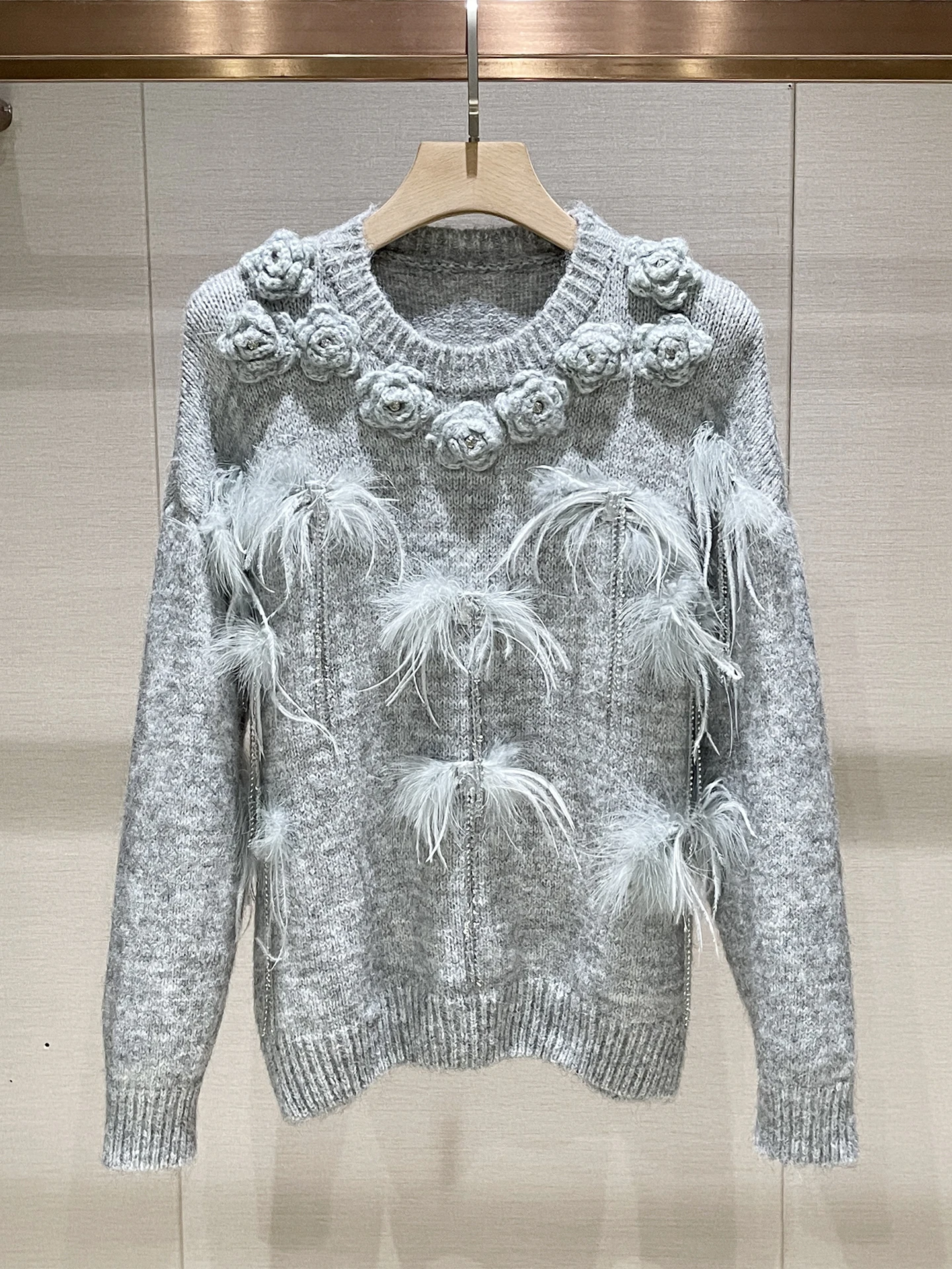 

Вязаный свитер с перьями и цветами, женский удобный повседневный длинный све, круглый трикотаж Ne