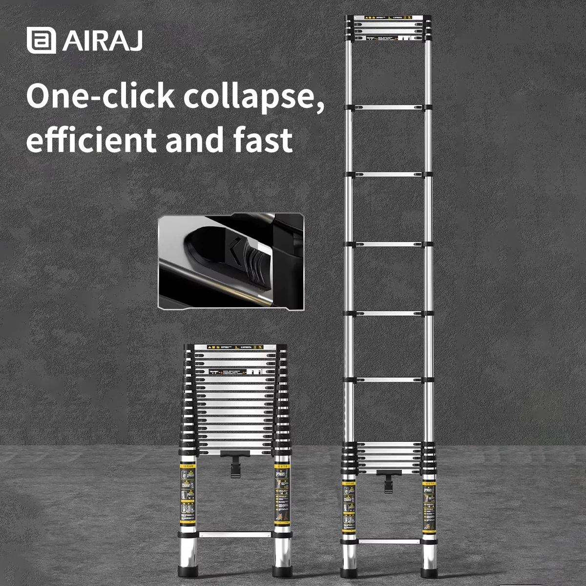 AIRAJ 2.7-4.7M Telescopic Ladder, Portable & Durable, Fast Retraction, Reinforced Ribs, Non-Slip Stainless Steel, Attic Ladder