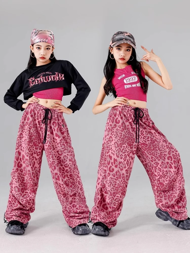 

Kids Jazz Hip Hop Dance Clothes Girls Cropped Tops Pink Leopard Pants Ballroom Practice Clothing Hiphop Competition Set BL14506