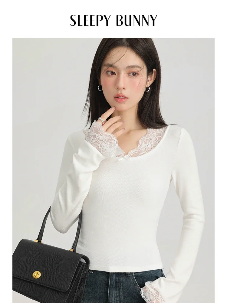 Elegant Lace Patchwork Round Neck Long Sleeve T-Shirt Women Spring Slim Fit Stretchy Knit Base Top Stylish Casual Inner Layer