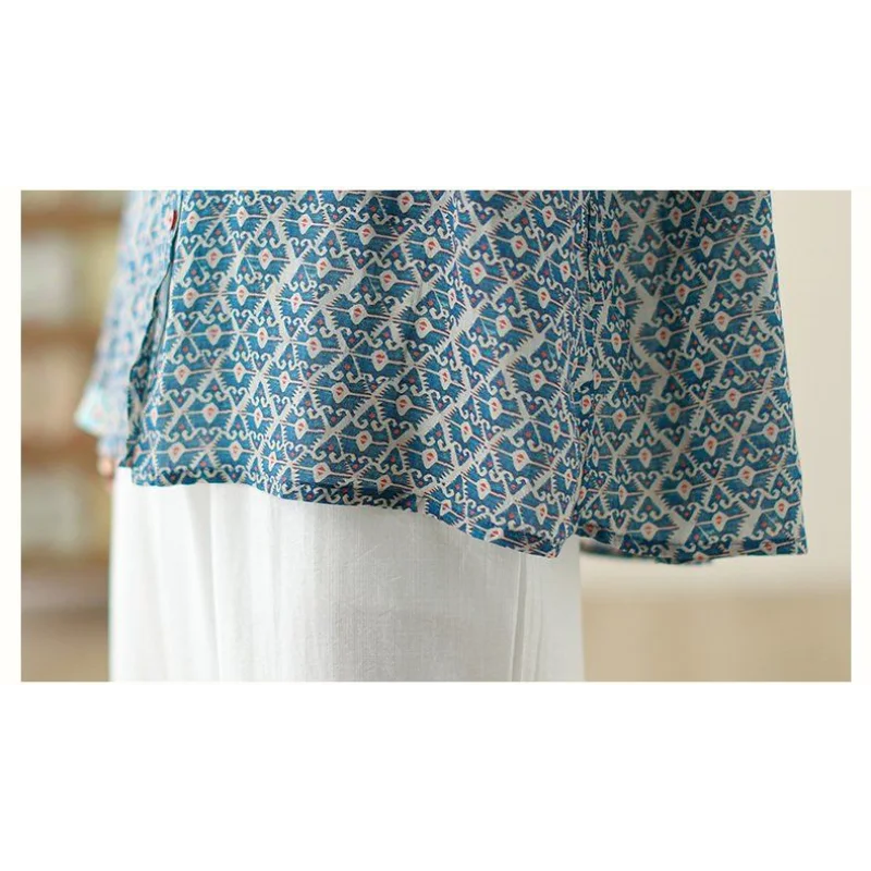 Retro Women's New Stitched POLO Collar Button Print Fashion Loose Versatile Casual Long Sleeve Shirts