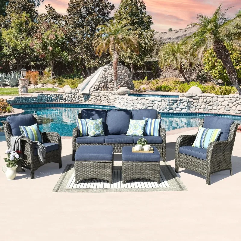 

Patio Furniture Set, 5 Piece Outdoor Wicker High Back Sofa with Comfy Cushions Ottomans, All Weather Conversation Set