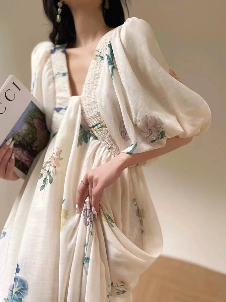 Runway French Summer Flower Printed Holiday Long Dress Boho Women Elastic V Neck Puff Sleeve Linen Back Lace Up High Waist Robe