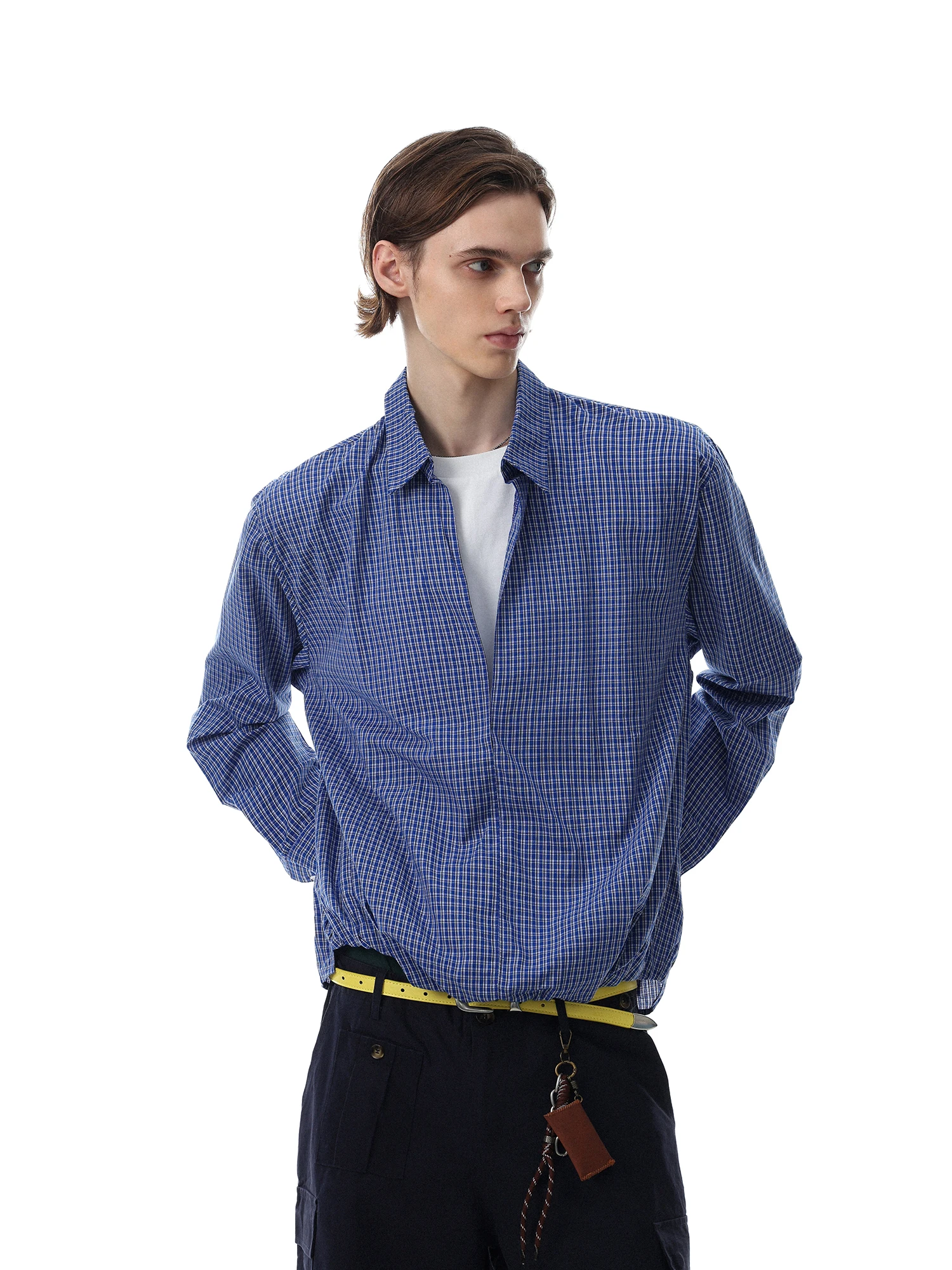 American Retro Plaid Color Block Long Sleeve Men's Shirt Casual Loose Fit Cotton Plain Collar Fake Two-Piece Versatile Shirt