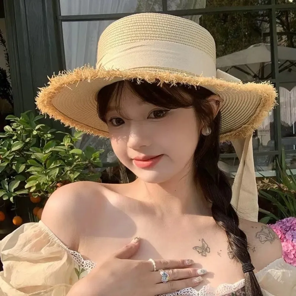 

Casual Breathable Fisherman Hat Wide Brim Big Eaves Beach Hat Butterfly Knot Flat Top Sun Hat Spring and Summer