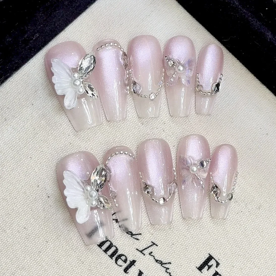 10 pezzi fatti a mano stampa sulle unghie copertura completa dolce farfalla occhio di gatto French Ballet Design Manicure unghie finte punte per