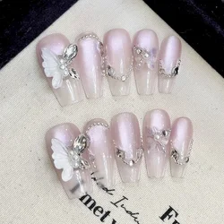 10 pezzi fatti a mano stampa sulle unghie copertura completa dolce farfalla occhio di gatto French Ballet Design Manicure unghie finte punte per unghie artificiali