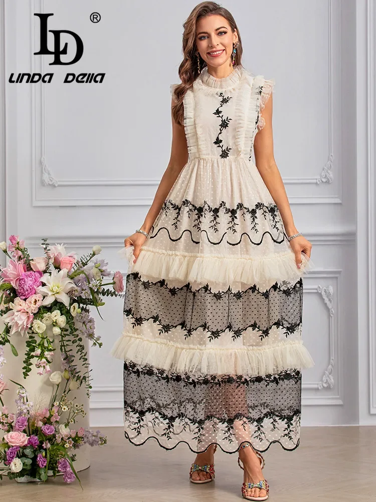 

LD LINDA DELLA 2024 New Style Runway Designer Dresses Women's Vintage Floral Polka Dot Embroidery Net Yarn Ruffles Dresses