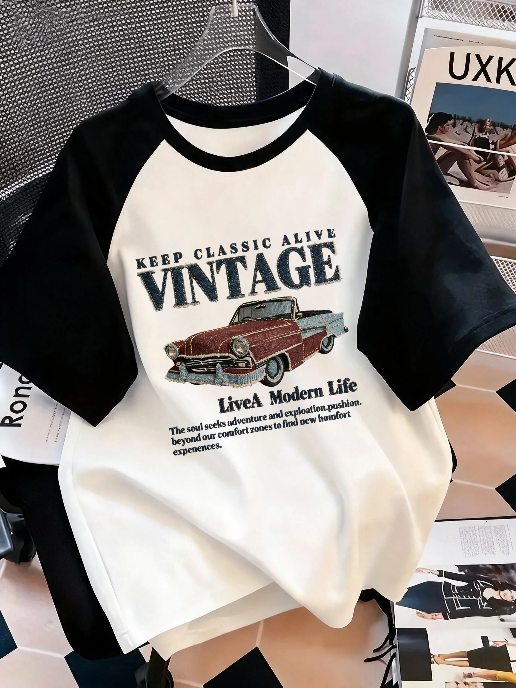Vintage Car Design of Imitation Denim Fabric Print Retro Tees Tops Women's Raglan Short Sleeve T Shirt Casual Clothes Y2k Female