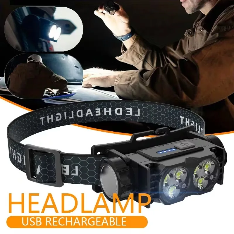 

Перезаряжаемый через USB светодиодный рабочий налобный фонарь с индикатором заряда батареи, магнитный дизайн громкой связи, фара с регулируемым углом для рыбалки, кемпинга
