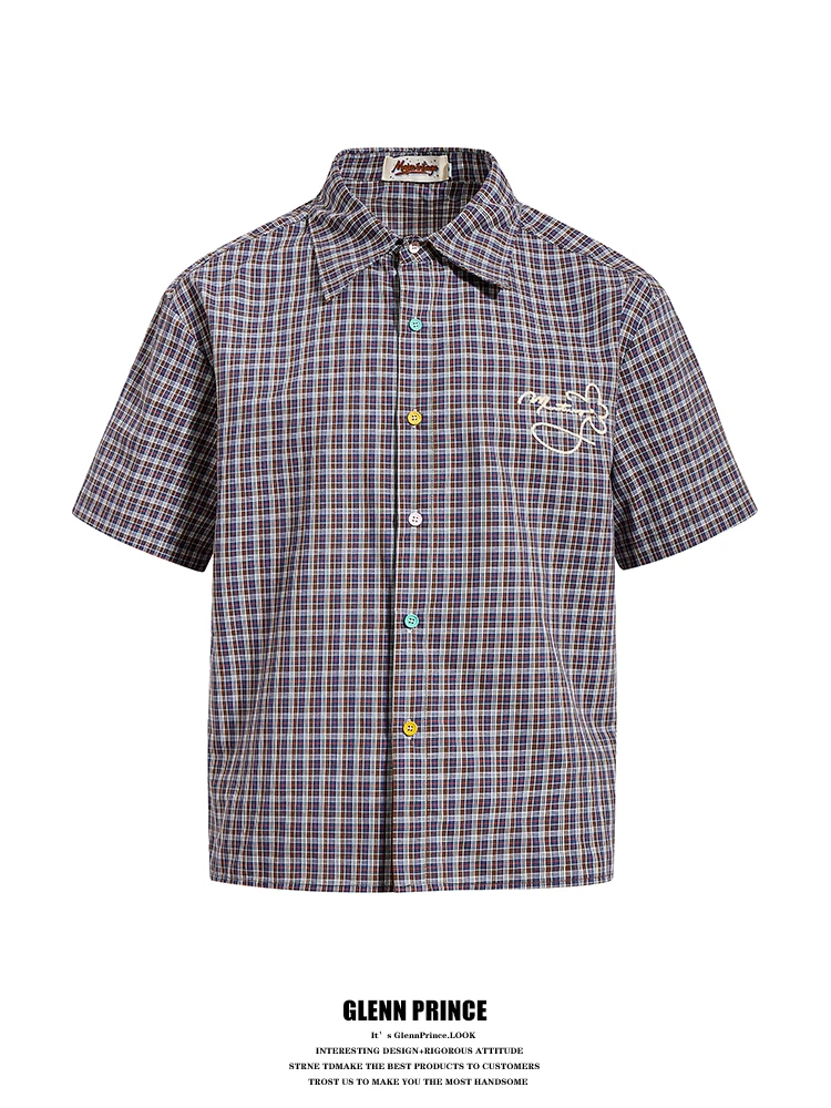 

GPstudio American Retro Button Embroidered Plaid irt Men's Spring Early ort Sve irt Sli Loose Fit Cotto...