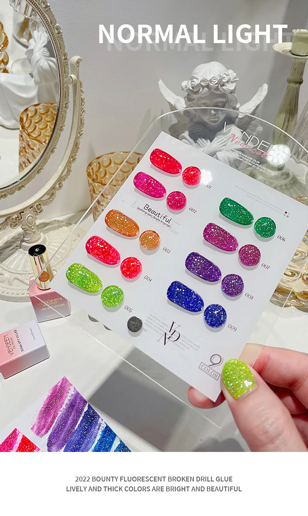 Vendeeni 9-Farben Funkelnder Fluoreszierender Diamant-Gel-Nagellack, Glänzender UV-Soak-Off-Gel-Lack, Glitzer-Nagelkunst-Gel-Lack – Detail 5