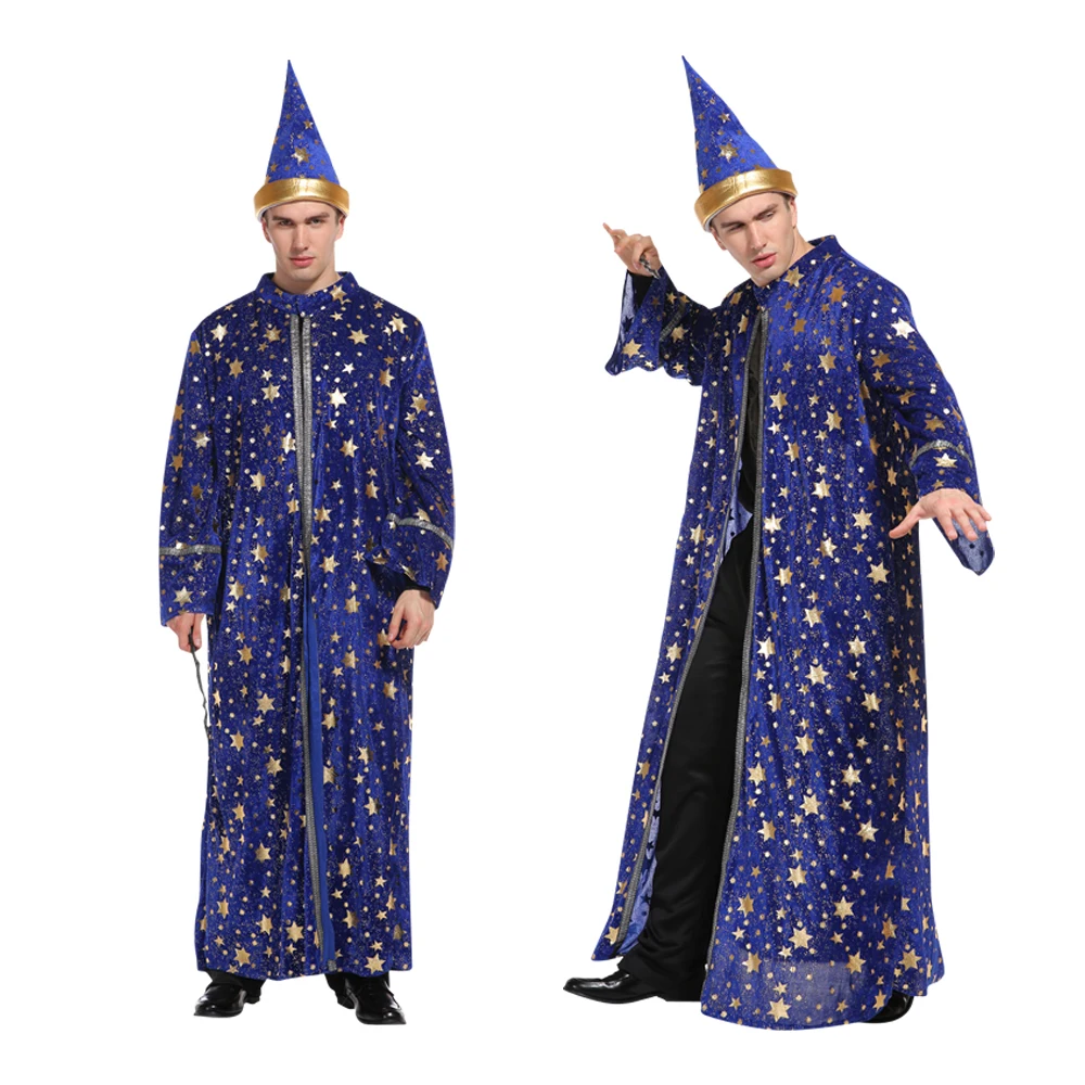 Adult Halloween Men Blue Robe and Hat Star Moon Magic Magician Wizard Costume Cosplay Role Playing Decoration Clothing