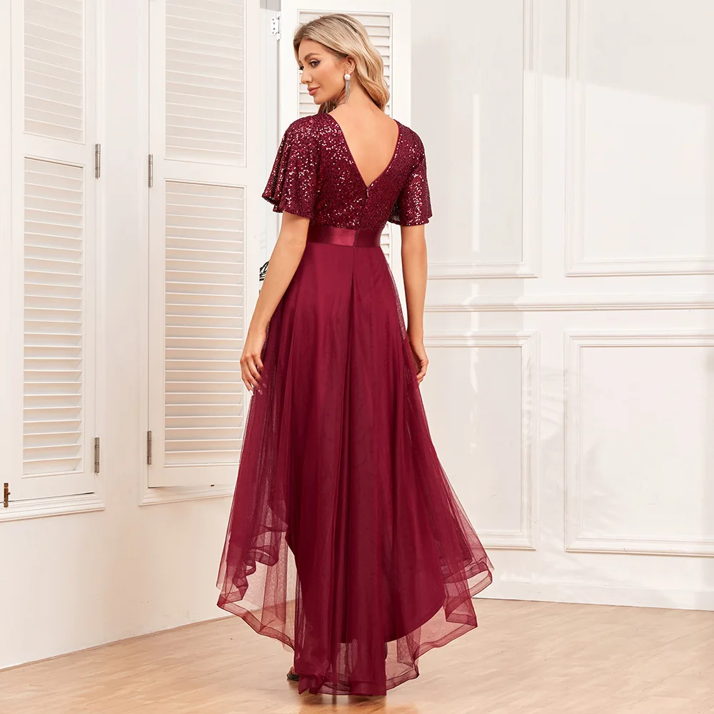 Wholesale High Low Burgundy Evening Dress Short Sleeves Sequin Tulle Long Wedding Party Gowns Dropshipping Women Dresses