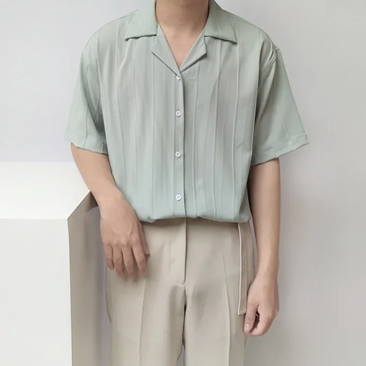 2025 New Fashion Summer Men's White Solid Color Striped Short Sleeve Cuban Collar Casual Trendy Shirts Male Clothes Loose Tops