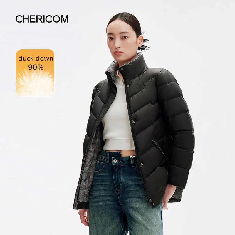 

Chericom Medium Long Duck Down Jacket For Women Winter Contrasting Color Stand-Up Collar Light Thin Commuter Puffer Coats 289061