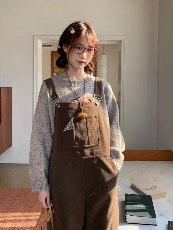 

Милые крутые свободные клетчатые лоскутные комбинезоны кофейного цвета, женские осенне-зимние новые цельные брюки с высокой талией, длинные брюки