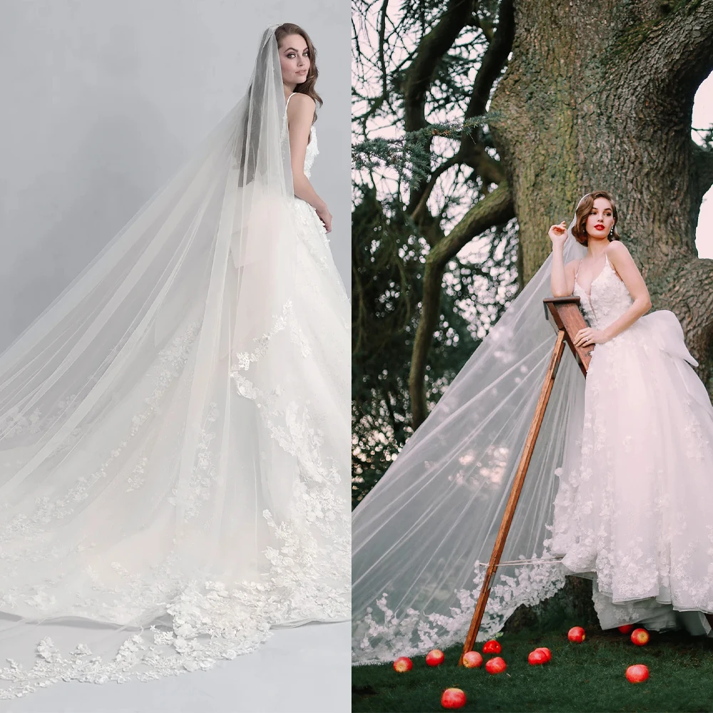 Luxury Lace Applique Cathedral Wedding Veil Tulle Bridal Veil Party Prom Customized Formal Accessory V265553