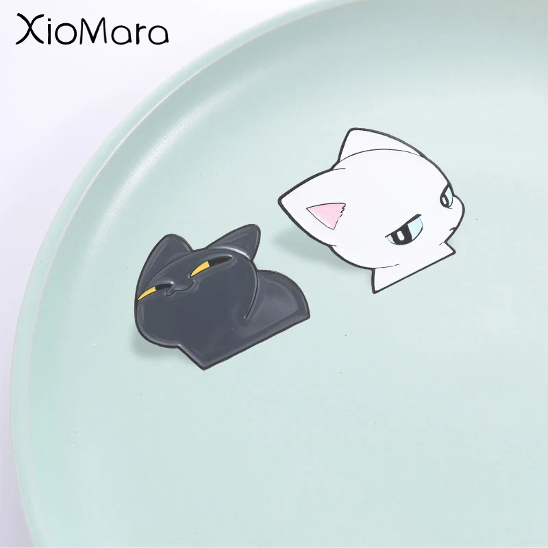 Cartoon Cute Black and White Cat Enamel Pin, Funny Lazy Squinting and Side-Eye Expression Badge, Best Gift for Cat Lovers