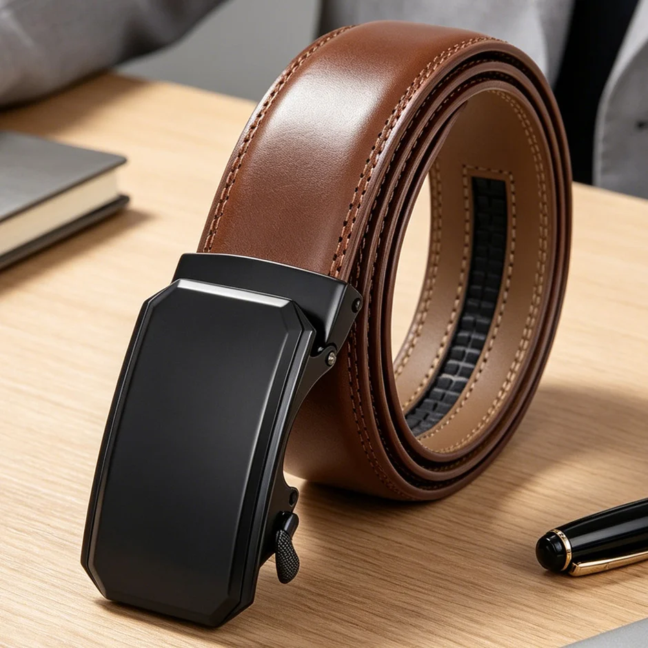 2026 Genuine Leather Men's Belt High-quality Luxury Cowskin Fashion Alloy Automatic Buckle Business Formal Black Belts B1054