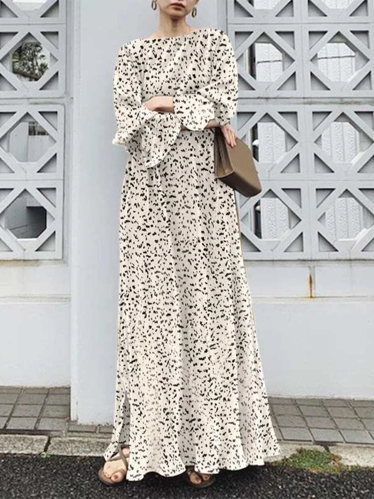 

New in Dresses for Women 2023 Spring/Summer Printed O-neck Long Sleeve Ruffle Sleeve Long Dress Women Clothing Streetwear