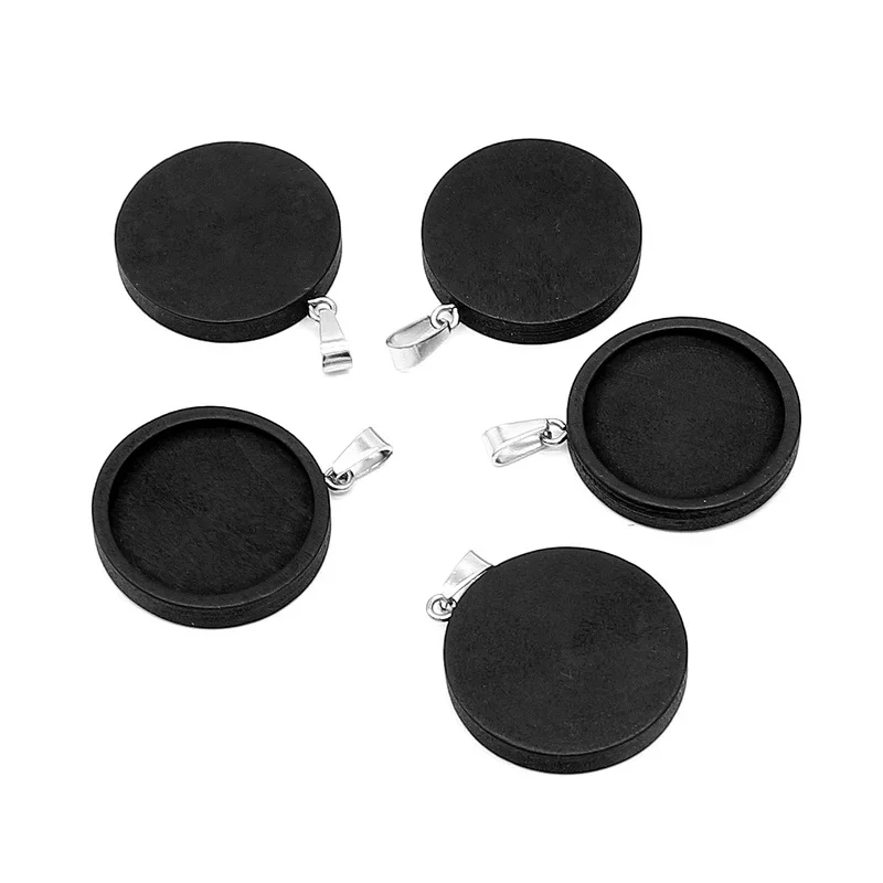 10pcs Black Wood Cabochon Base Fit 20 25 30mm Blank Stainless Steel Pendant Trays Diy Jewelry Accessories for Necklace Making