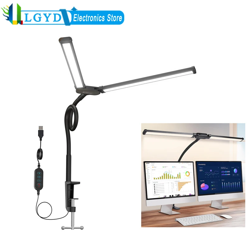 PULUZ Eye-friendly USB LED Desk Lamp Light Double Head Rotatable Gooseneck Tube Clamp Lamp 3 Colors 10 Levels Adjustable Light