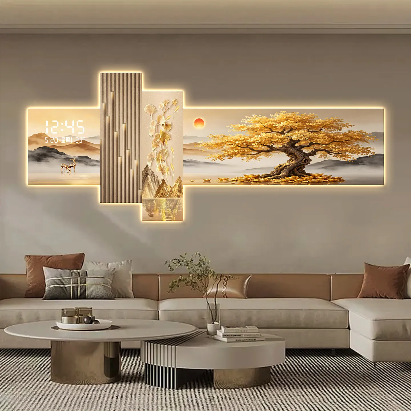 Wealth Tree Living Room Decoration Painting Led Electronic Clock Sofa Background Wall Hanging Painting Modern Luxury Wall Lamp