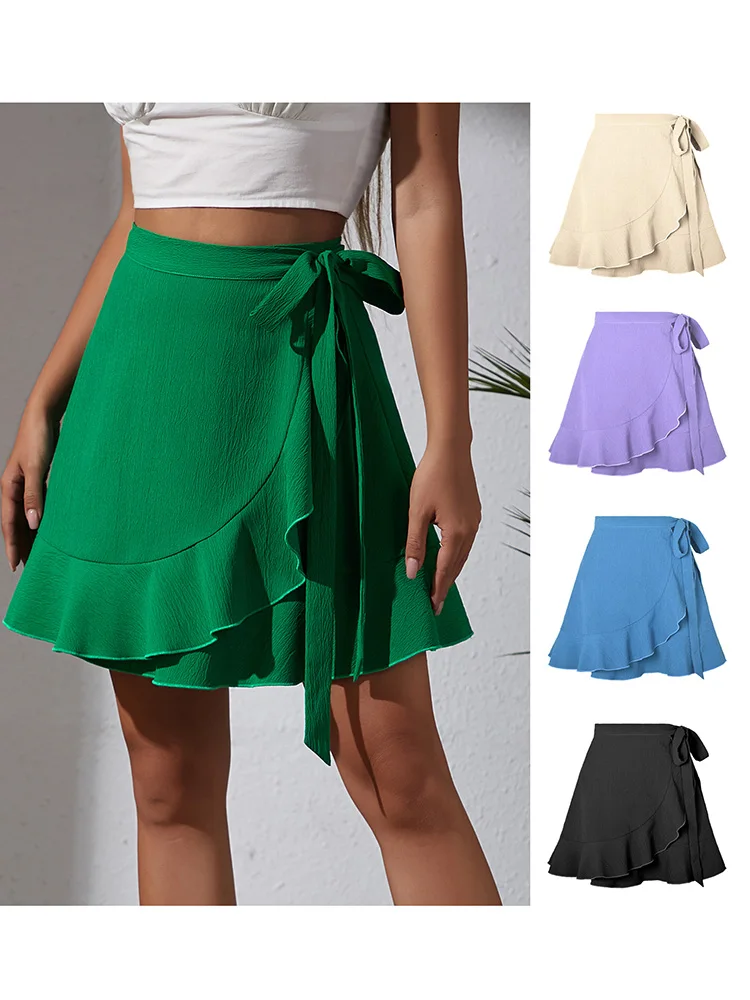 Rok Mini sifon musim panas, pakaian klub elegan pesta pendek kasual wanita balutan pantai, rok Mini sifon gaya lipit