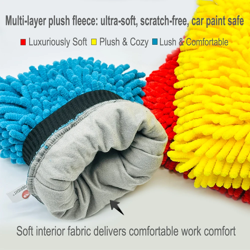 AUTOBRIGHT Übergroßer doppelseitiger Chenille-Autowaschhandschuh, Rot, Blau, Gelb, ultraweiches professionelles Werkzeug, DIY-Auto-Außenreinigung – Detail 4