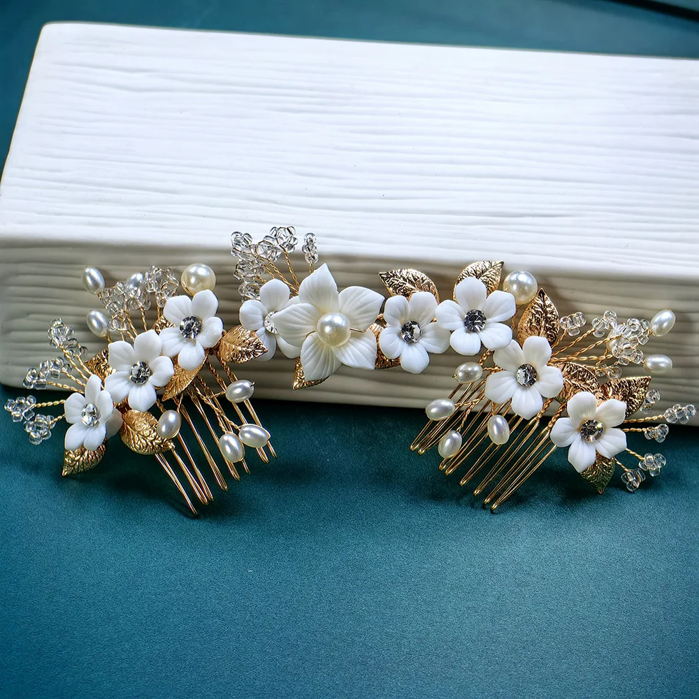 Ceramic Flower Bridal Hair Comb Pearl Wedding Hair Ornament Crystal Wedding Tiara Bridal and Bridesmaid Rhinestone Hair Ornament