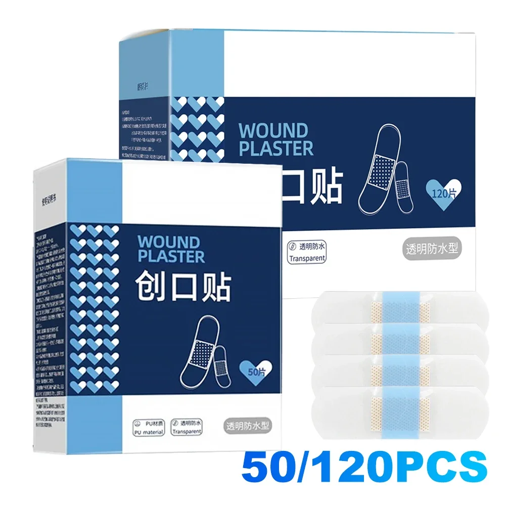 50/120Pcs Waterproof Wound Strips Curved Patches Invisible Waterproof Adhesive Bandages for Sports Bathing Protective First Aid