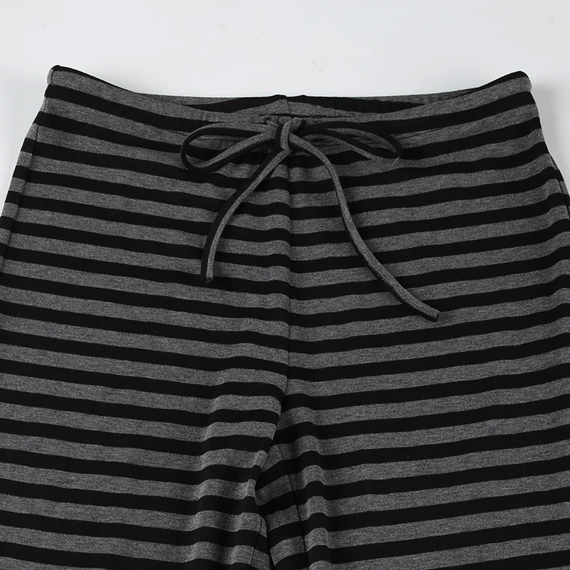 Casual Striped Bandage Wide Leg Pants Basic Loose Mid-Waisted Pants Women 2025 Autumn Spring Fashion Streetwear Homewear Ladies
