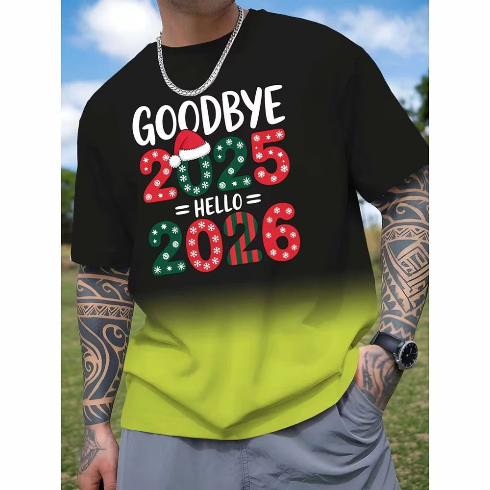 Goodbye 2025 Hello 2026 Christmas T-shirt Men Clothes Gradient Street Hip Hop T Shirts Loose Casual Short Sleeve New Year Tee