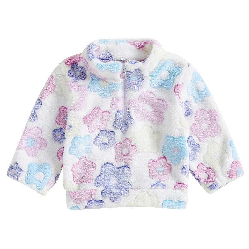 

Kids Girl Fleece Jacket Lightweight Floral Print Winter Warm 1 2 Zipper Long Sleeve Pullover for Infant Fall Outwear