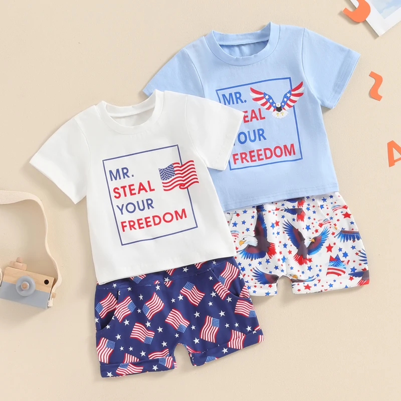 

Lioraitiin Toddler Boys 4th of July Outfit Letter Print O-Neck Short Sleeve T-Shirts Tops and Flag Print Shorts 2Pcs Clothes Set