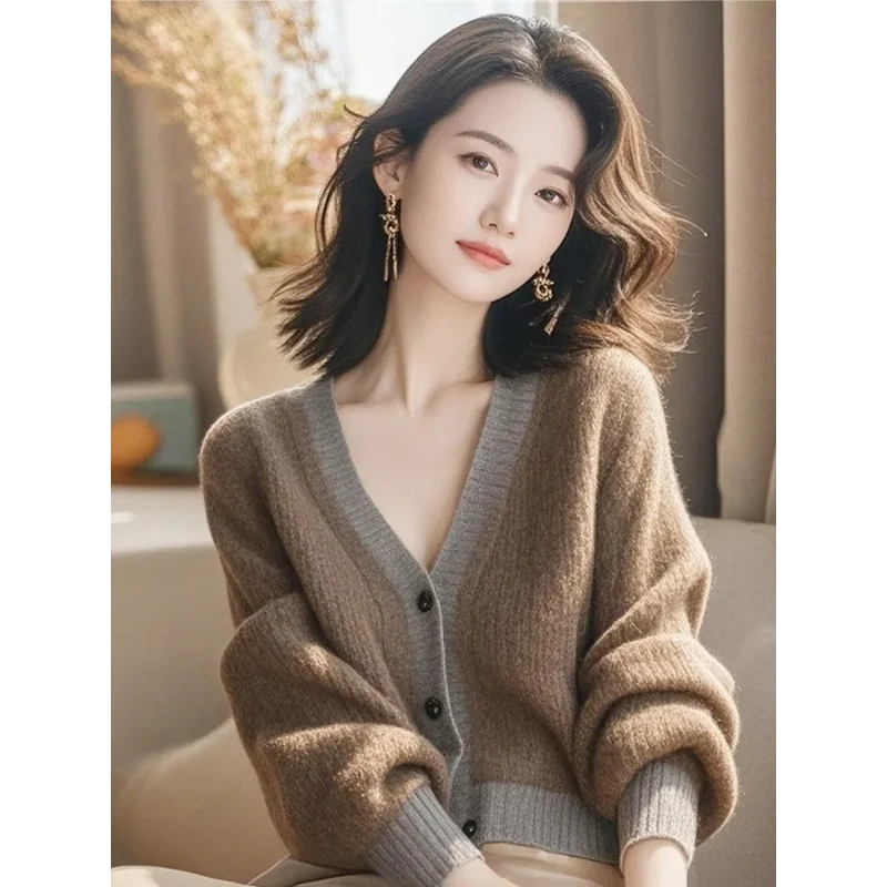 

Модный коричневый вязаный кардиган с v-образным вырезом и длинными рукавами в стиле ретро, женский универсальный топ