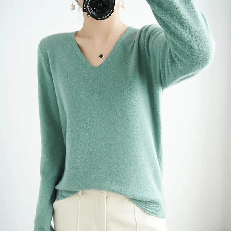 Women Sweater Spring Autumn V-neck Knitwear Long Sleeve Slim Warm Sweater Pullovers Lady Basic Jumpers Knitted Bottoming Shirt