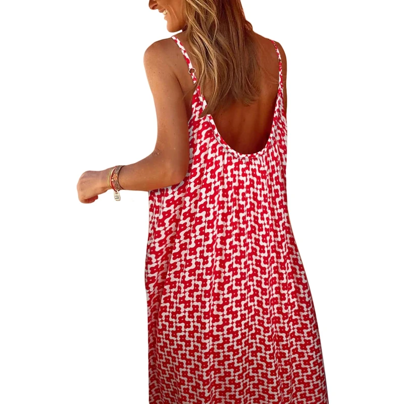 Abiti estivi casual larghi da donna Abito lungo senza maniche floreale bohémien Abito estivo sexy con cinturino per spaghetti senza schienale Vacanza al mare