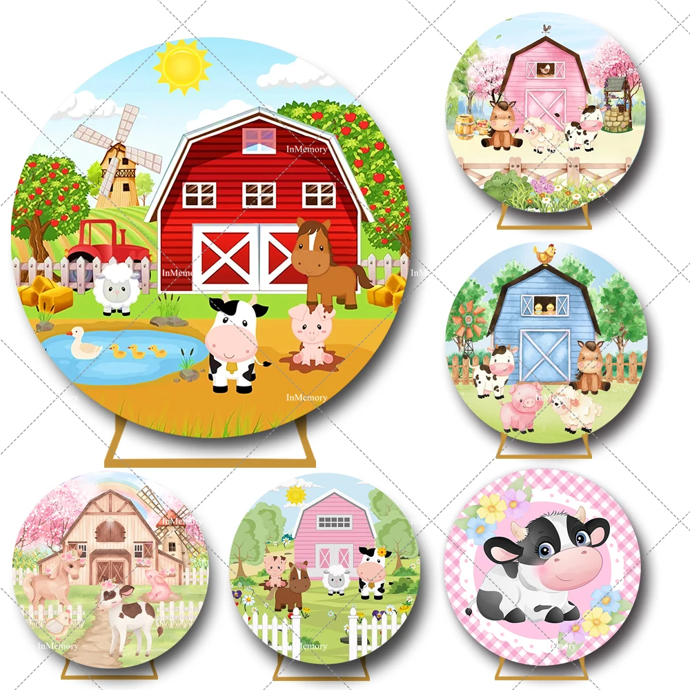 Farm Theme Round Backdrop Cover Cow Animal Tree Fence Pink Blue Red Barn House Girl Boy 1st Birthday Party Background