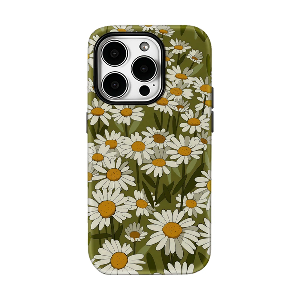 Funda para Teléfono con Diseño de Campo de Margaritas Verde Oliva para iPhone 17 16 15 14 13 Pro Max Plus, Magnética, de Doble Capa, Resistente